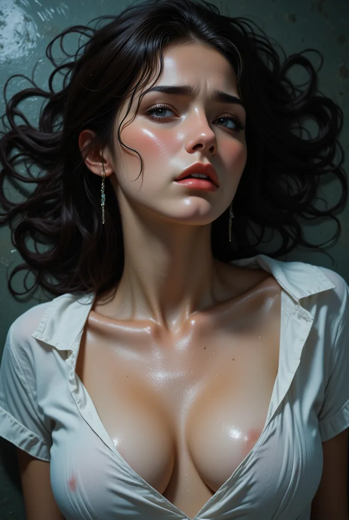  beautiful dark-haired woman lying on her left side ,   Mythril Circlet    , (( Climax cry with head tilted forward )) , A beautiful dark-haired woman faces her left and wakes up wearing a shirt dress  ,  white,( person skiing in 8K ultra HD々 :0.8), Extrem...