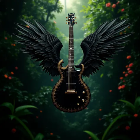 A black guitar with wings and gold edges, view from top to bottom over the jungle with abundant vegetation and flowers