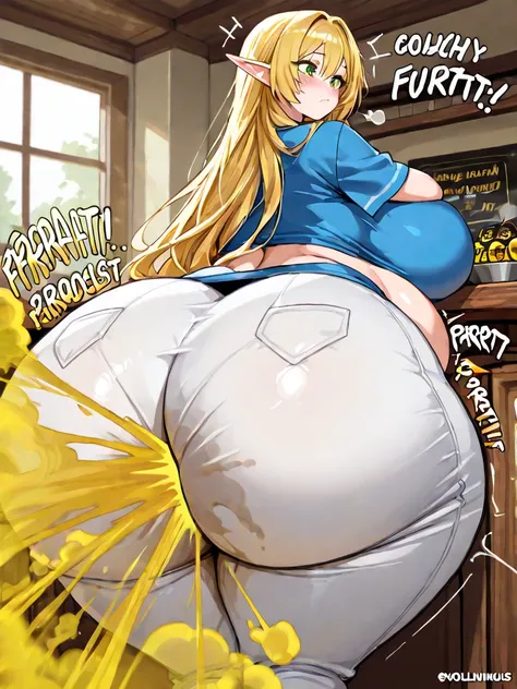 One curvy elf girl is farting big and obscene in a restaurant, shoulder length hair, golden hair, emerald eyes, unbelievably tall girl, blue tunic, white pants, carefree, unconcerned, slob, relaxed, blush, standing, huge breast, huge butt, massive butt, gi...