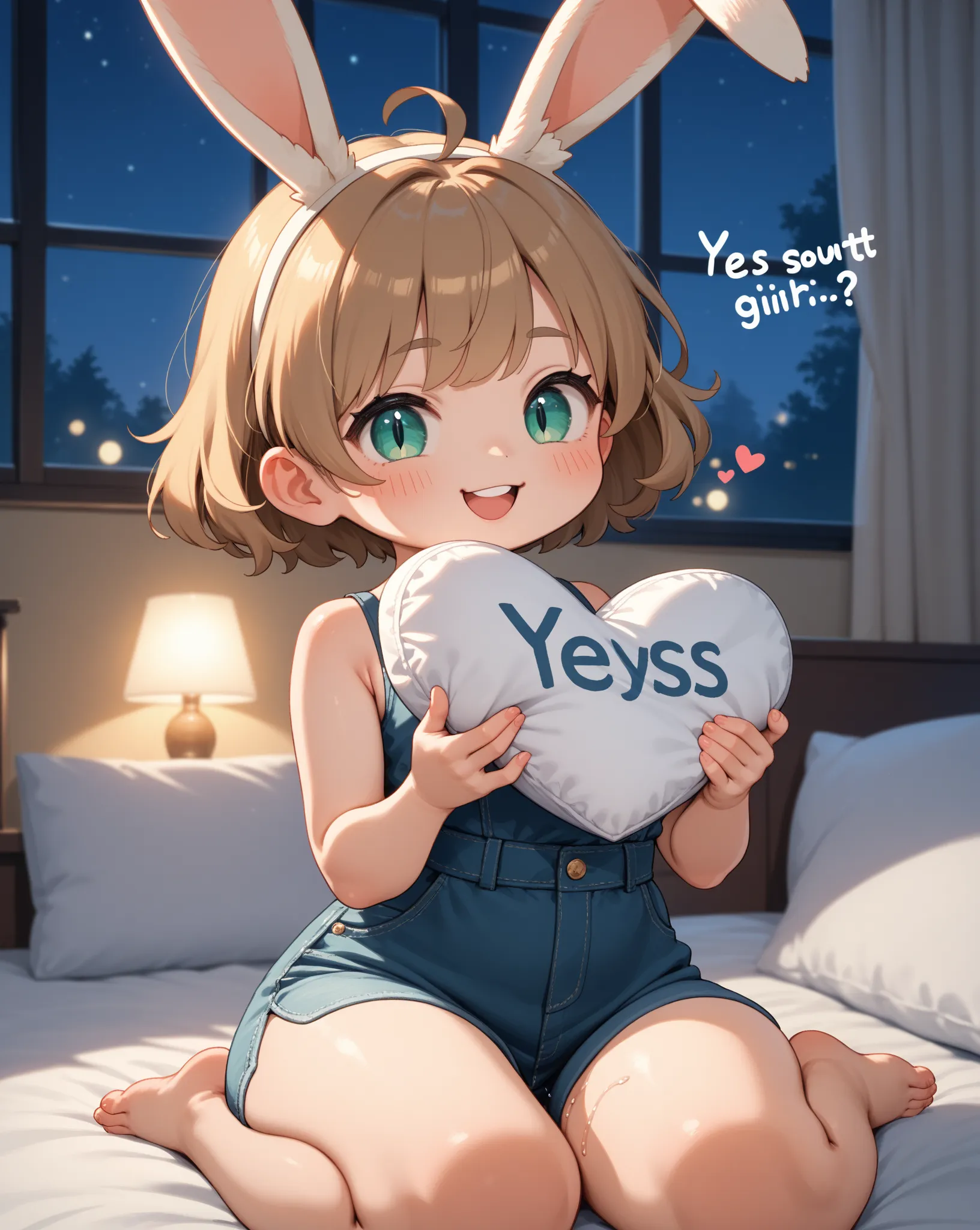 chibi anime , petit girl , round face , show off Thick thighs , bold open night wear , (heart is beating fast:0.1) , (Rodents tooth) , bold pose , out of frame , coquettish , rabbit ear , turn , night room , dim light , Slit overflowing with juice , fetish...