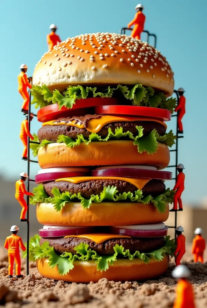 This is a highly creative image of a giant burger being "constructed" by miniature workers in orange uniforms. The scene is styled to look like a construction site, with tiny figures climbing, inspecting, and seemingly assembling the multi-layered burger.
...