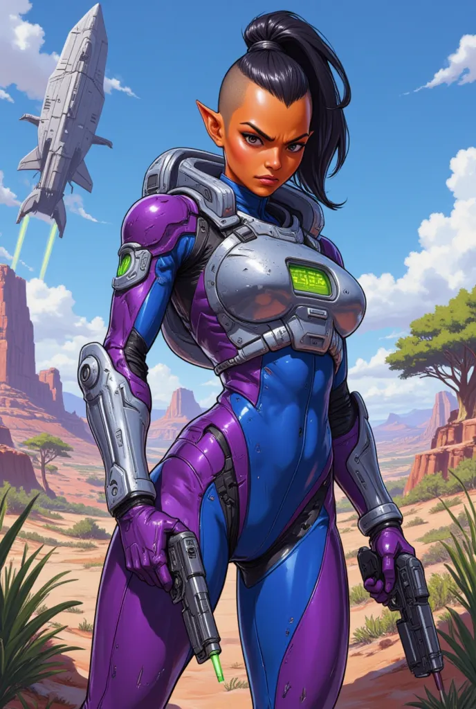 illustrate a female alien with a shaved head and a black high pony tail, she has orange skin and purple lips, pointed ears. She wears a saturated violet and saturated blue space suit with silver trim, with blue down the middle and violet up the sides. The ...