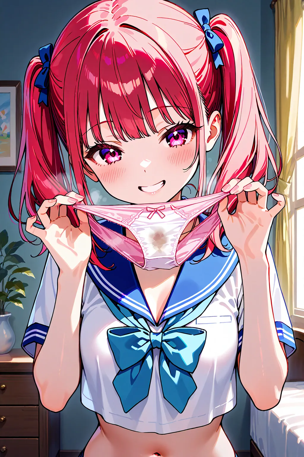 Beautiful Girl、High School Girls、 petite body、small breasts、twin tails、Grin、sailor suit、 girly room、chest of drawers、chest of drawersの引き出しが開いている、chest of drawersの中にはランジェリー、panties in hand、holding panties with both hands、steam from panties、chest of drawersが...