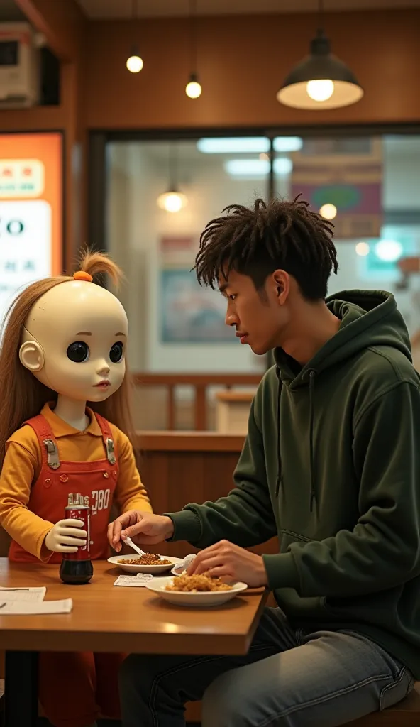 A 25-year-old young man with a clean-shaven face, short African-style dreadlocks, and a confident expression approaches the table where the giant robotic doll is sitting. He is wearing a casual dark green hoodie and jeans. The doll, with her pale plastic f...