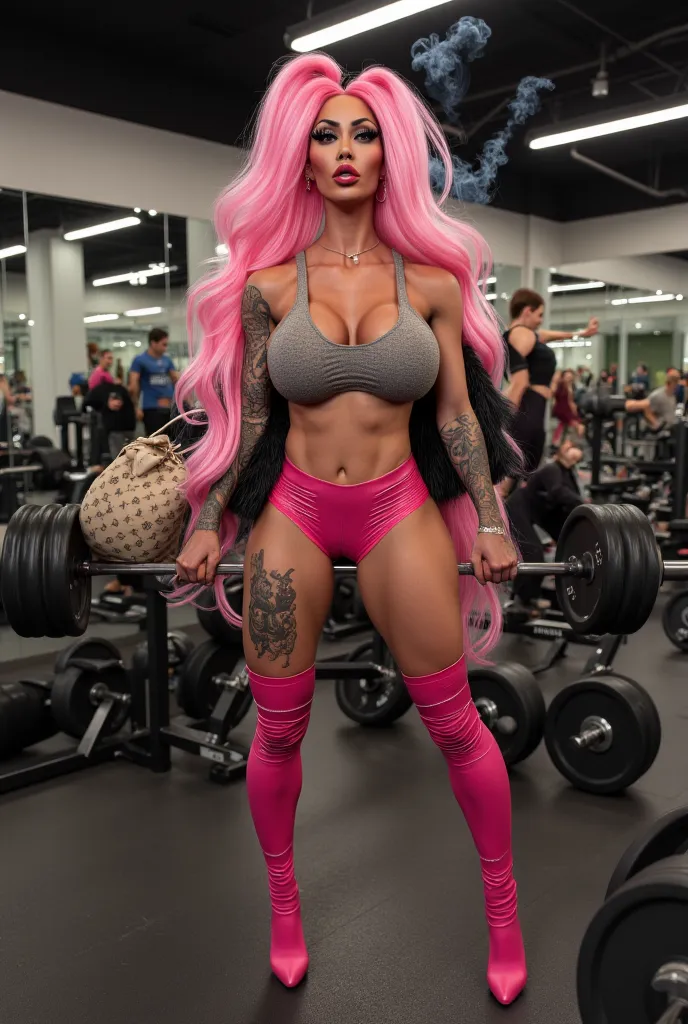 The fakest botox bimbodoll, slutty dumb bimbodoll, many tattoos, very long curly hair extensions, fully clothed, very high platform heels, hair extensions, neon pink colored curly hair, holding louis vuitton bag, slag, full front view, fitness, gym, workin...