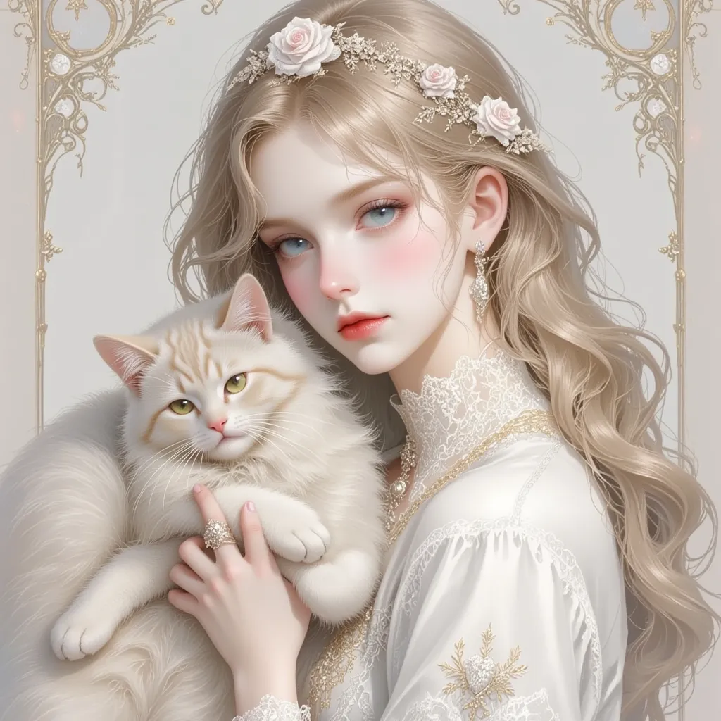  Rose、girl holding a cat、Feminine Skin 、paint that flows modestly on the bottom of the image, charming attitude, excellent sense of art、long hair、dress