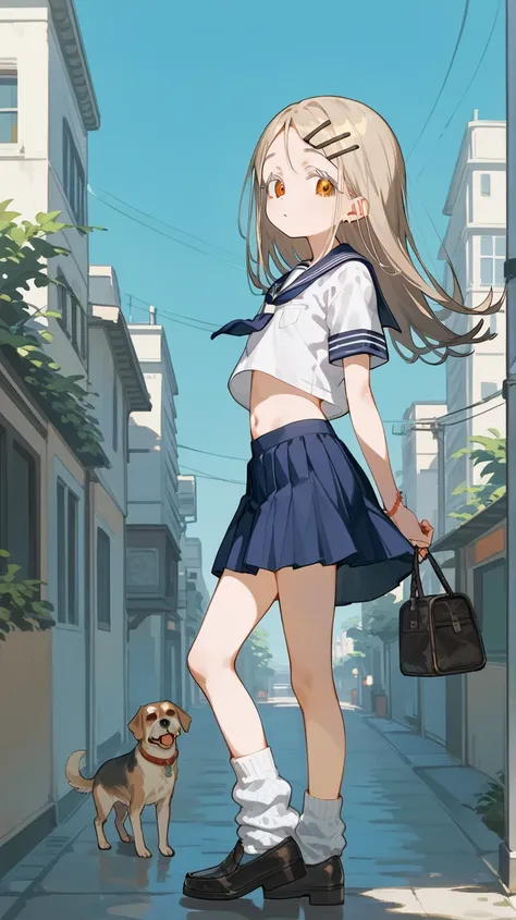 Shinosawa Hiro ,thin, orange eyes from the side diagonally, white lashes,blond with a big face,long hair,hair clip,flat chest,belly button,Outdoors、sunset、City、building、solo,Short sleeve,sailor suit,navy blue pleated skirt for dogs,low rise、white panties, ...