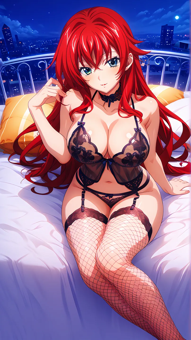   Sexy rias gremory, UHD, big breasts, wearing bicolor lace underwear, garter,   net stockings,,  at night, pose sexy,  sitting on an elegant bed, 