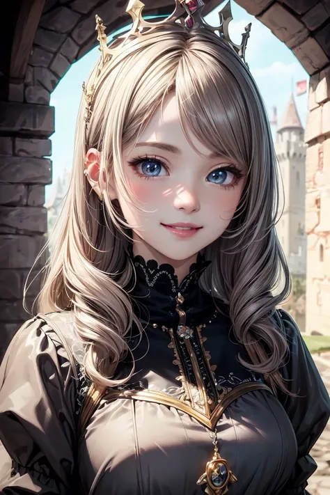 ((masterpiece)), ((best quality)), (ultra-detailed), ((kawaii)), cute, ((extremely detailed)), 4K, (8K), best quality, (beautiful), illustration, (body shot), the castle of medieval, a pretty woman, solo, queen, dress, ((smile)), beautiful gray hair, long ...