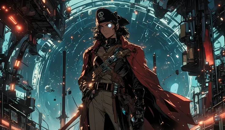 An anime-style space pirate captain standing on the deck of their futuristic starship, wearing a sleek black and red outfit with metallic details, and a space pirate hat with a skull on it. Their long coat flutters in zero gravity, and their cybernetic eye...