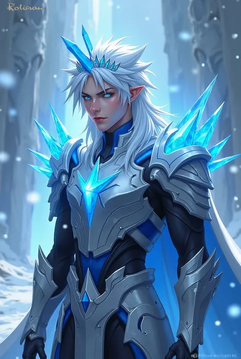 Create an illustration of a male character in an epic fantasy style, inspired by an ice and crystal-themed female warrior. This male character has long, slightly messy white hair, with a crown of ice-blue crystals adorning his head. His eyes glow with an i...