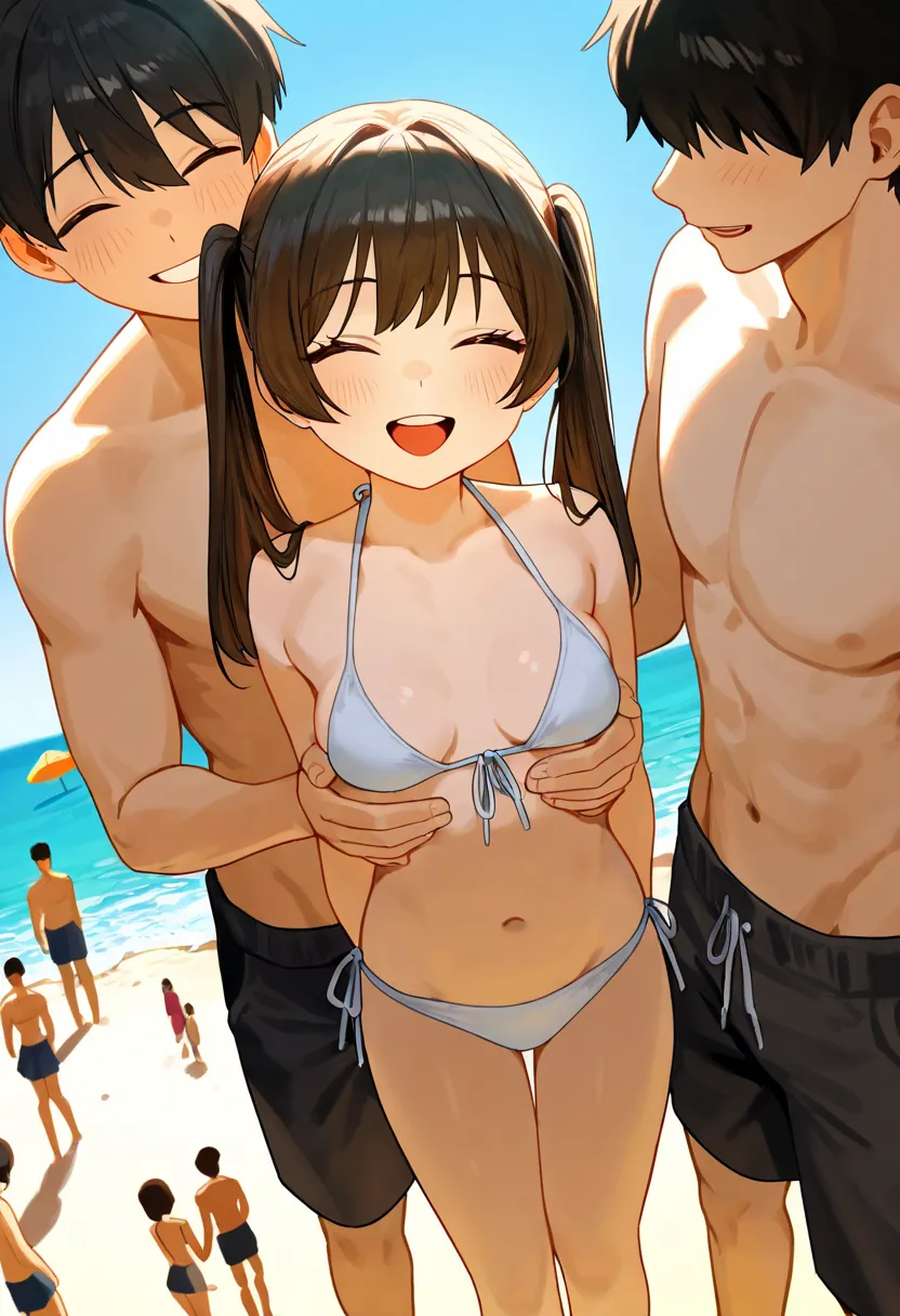 (males and females: 1.1), simple background, (macro size: 1.2), at the beach, (height difference: 1.3), (size difference: 1.1), person on the ground, (multiple people: 1.2), (closeup girl face and chest: 1.2), twin tails, happy, breasts, (Closeup male besi...