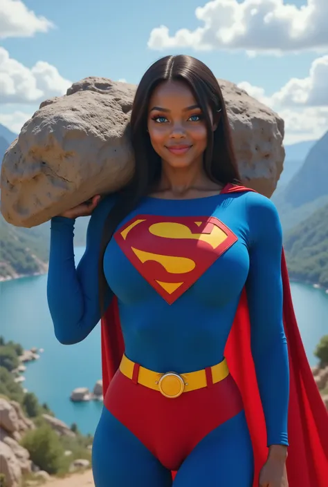 (Carrying a GIGANTIC boulder on her shoulder). SEXY BLACK AFRICAN 17-YEAR-OLD FEMALE COSPLAYER WITH big BLUE EYES **"FULL ENTIE BODY STANDING POV OF A stunning, highly detailed, and ultra-realistic portrait of a SEXY BLUE EYED I GIRL, proudly wearing the i...
