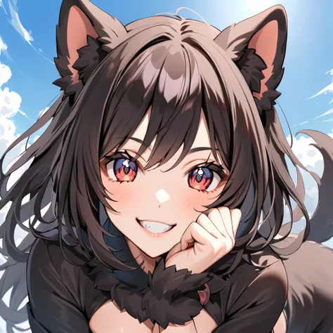 Age 19，smile，       girls ，   Dark dark haired，      black ear ，dog costume，Cute wild beast pose，The background is blue sky，1 girl，Nothing in the background，