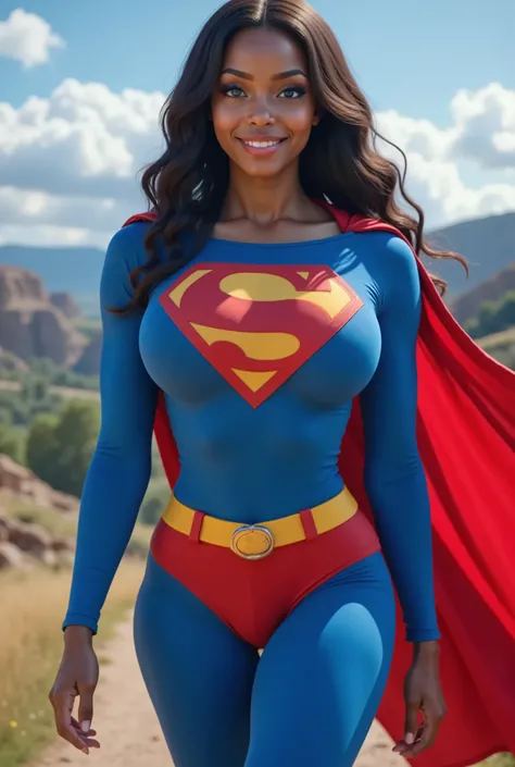 SEXY BLACK AFRICAN 17-YEAR-OLD FEMALE COSPLAYER WITH big BLUE EYES **"FULL ENTIE BODY STANDING POV OF A stunning, highly detailed, and ultra-realistic portrait of a SEXY BLUE EYED I GIRL, proudly wearing the iconic RETRO 1980 SUPERMAN costume. The vibrant ...