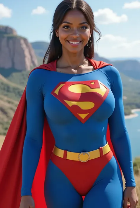 SEXY BLACK AFRICAN 17-YEAR-OLD FEMALE COSPLAYER WITH big BLUE EYES **"FULL ENTIE BODY STANDING POV OF A stunning, highly detailed, and ultra-realistic portrait of a SEXY BLUE EYED I GIRL, proudly wearing the iconic RETRO 1980 SUPERMAN costume. The vibrant ...