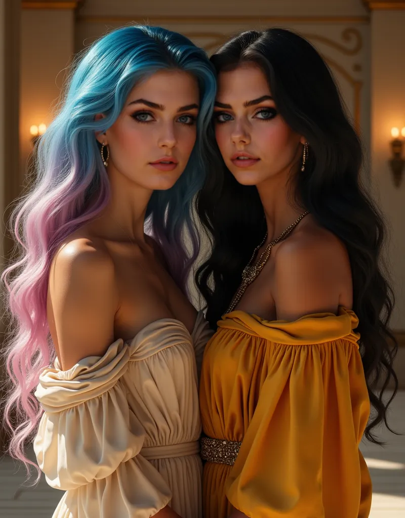 ultra realistic professional full body near facing camera (Two lady one blue and pink hair the second black hair  set in classical Greece. long wavyhair, and an alluring yet intellectual presence. Dressed in a loosely draped, and golden engagement ring rev...