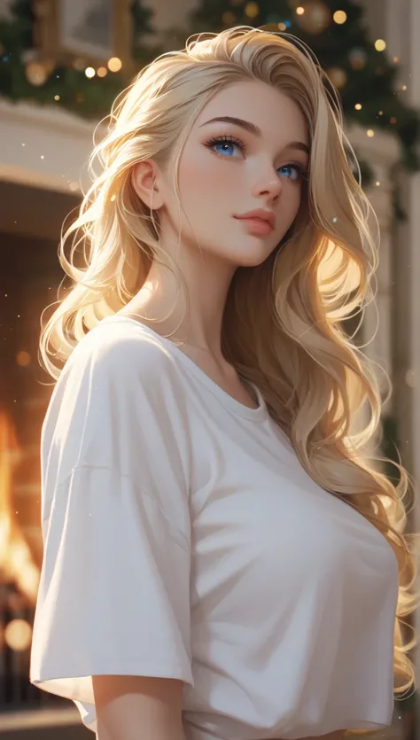 score_9, score_8_up, score_7_up, (1girl, solo, ((light skin)), long Blonde hair with side-swept-hairstyle, Blue eyes, black eyelash, Black eyebrows, upper body, blonde hair, white oversized tshirt, warm ambience, beautiful angle, blurry background, bokeh, ...