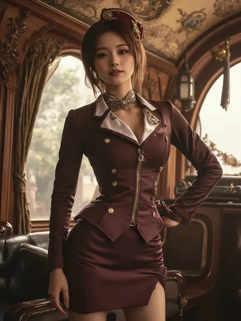  In the world of steampunk 、A cute 20-year-old Japanese woman is standing.Regent hairstyle、forehead、 full body、 from side、。steampunk flight attendant clothes 、steampunk flight attendant suit 、 steampunk garrison cap, steampunk high-heeled shoes、she is bask...