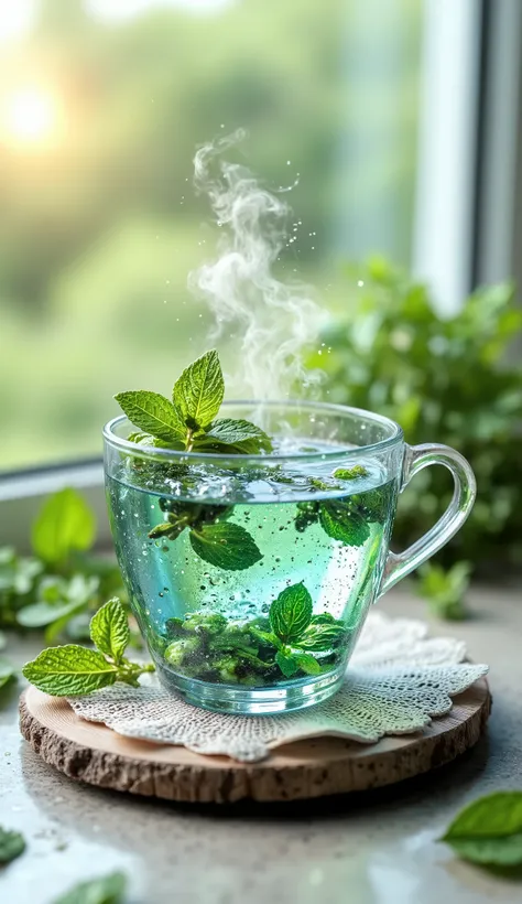 A book cover about natural health, featuring soft green tones (emerald, mint, olive) with beige and white details. In the center, a transparent glass cup with a delicate handle, filled with steaming herbal tea that has a vibrant green-blue color. The tea c...