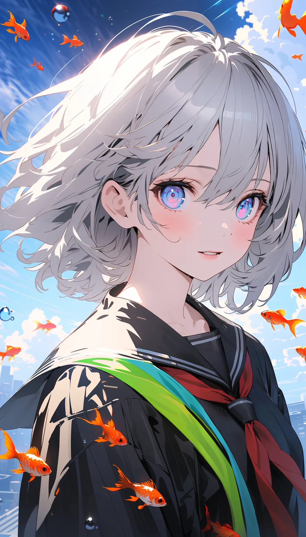 (woman\(student, Age 15, ＪＫ,  short hair,  Silver Hair, floating hair, Space-colored eyes , black sailor suit\(High school\), pale skin,  tired face, no light in eyes\) in bed looking up at the sky), (Many goldfish are swimming in the air), beautiful sky f...