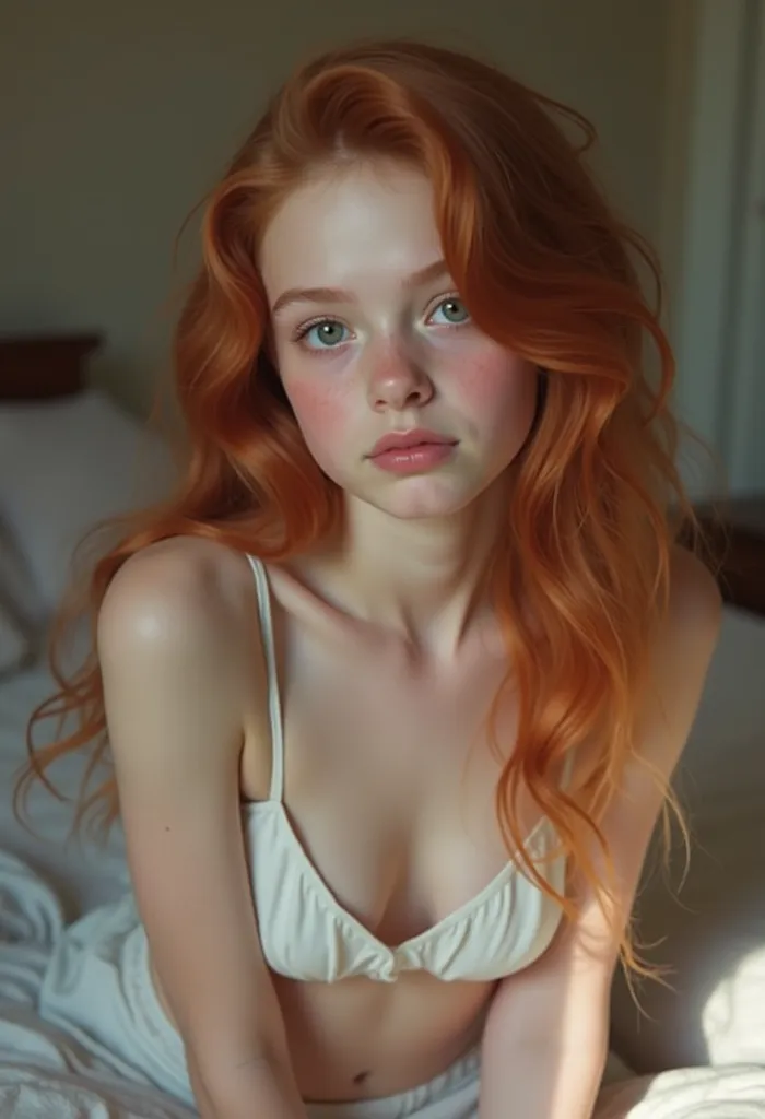 Petite fille de 10 ans rousse en soutien-gorge blanc