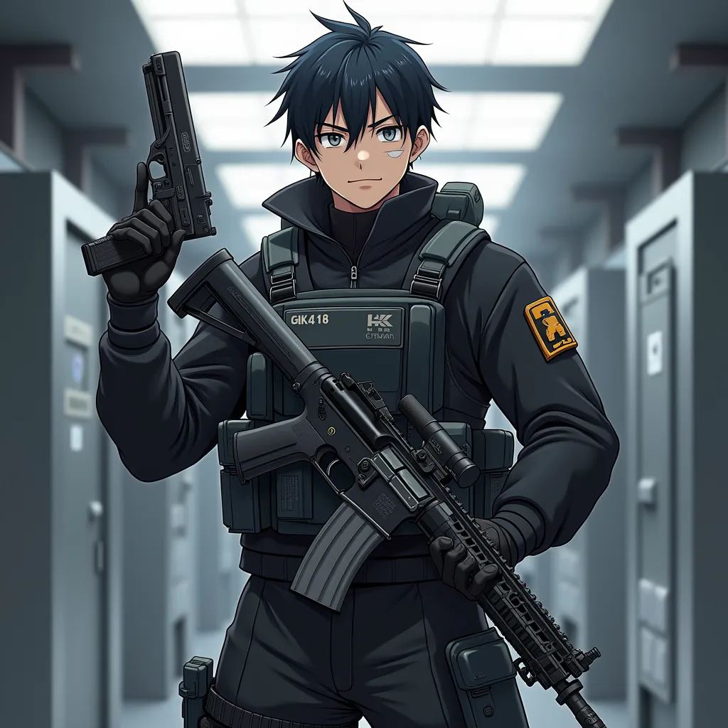 Anime Style, anime male, Soldier, Tactical gear, Military gear, Grey eyes, Grey templates, Black hair, HK416 rifle, Glock18 pistol, scar face, detailed, bullet proof black vest, black uniform, 