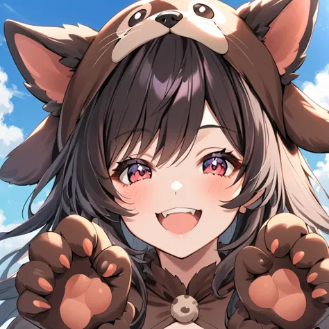 Age 19，smile，       girls ，   Dark dark haired，      black ear ，dog costume，Cute wild beast pose，The background is blue sky，1 girl，Nothing in the background，upper body