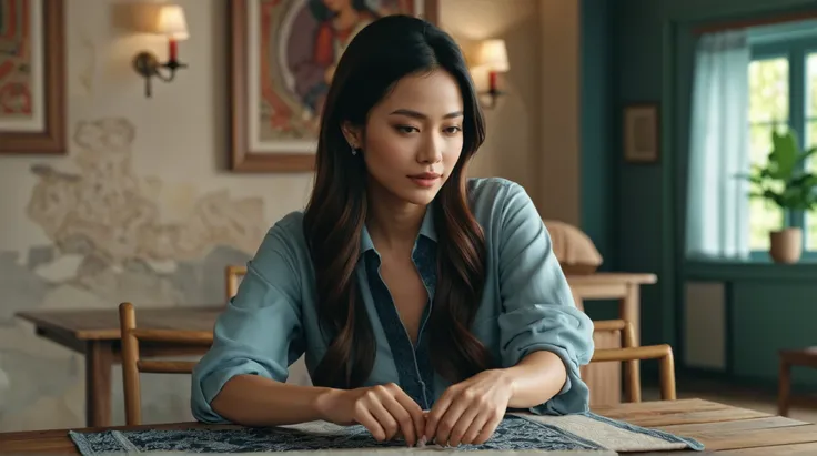 the most realistic girl close to the frame of her hand on the table, looking at the frame , her clothes are reminiscent of ethnic, but it's also a modern style, soft atmosphere in the area of a country style room