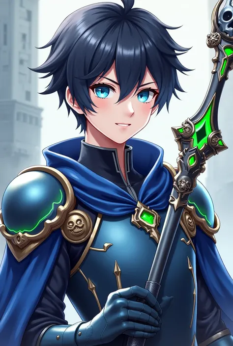 MALE CHARACTER FROM THE GAME MU DARK EPOCH, WITH BLUE AND SILVER ARMOR, HIS SHORT BLACK HAIR, HIS INTENSE BLUE EYES WITH A FRIENDLY FACE, A BEAUTIFUL SMILE ON HIS LIPS, HIS STAFF WITH BRIGHT GREEN DETAILS AND A SKULL SHAPE AT THE TIP.