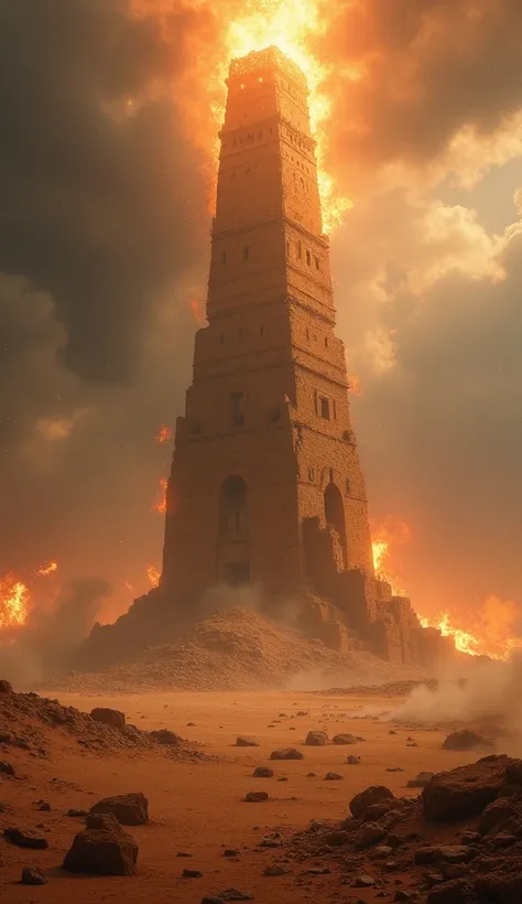 a dramatic scene of the Tower of Babel broken in the middle, coming from sky fire in the middle of a vast desert. The tower , Once imposing , It is now destroyed, with large pieces scattered on the ground. The sky is cloudy and fire is falling