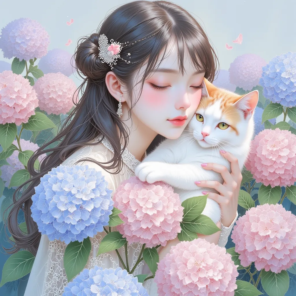 Hydrangea、A girl holding a Western cat、Feminine Skin 、paint that flows modestly on the bottom of the image, charming attitude, excellent sense of art、long hair、 close your eyes and smile