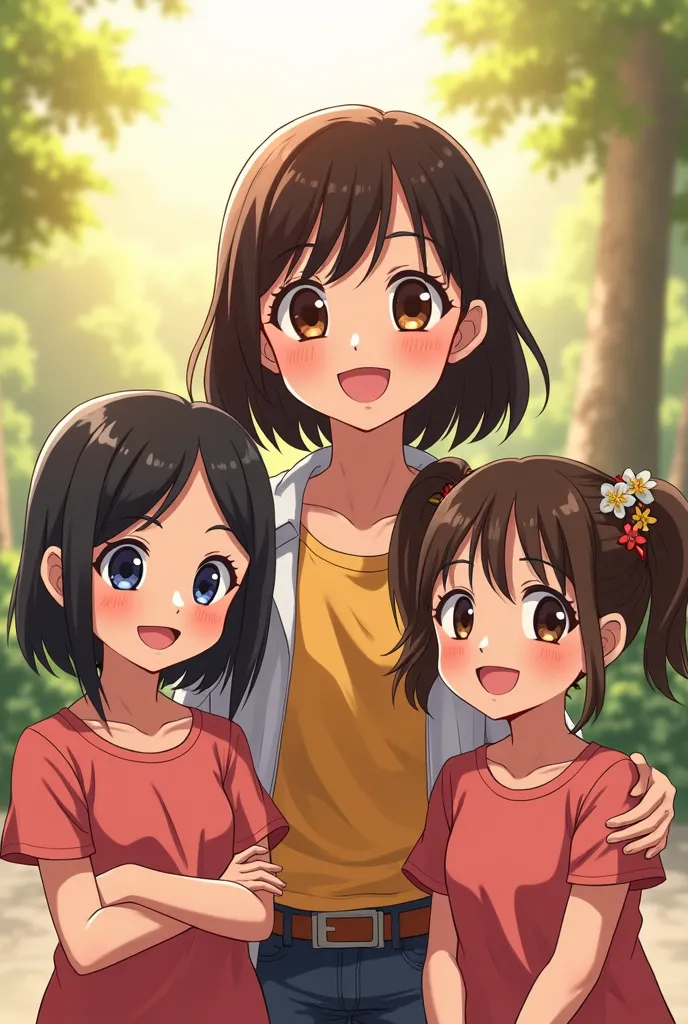 Thai girl anime version with her two girls and one boy family