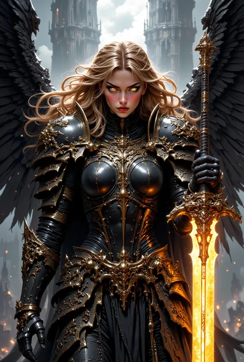 This high-quality digital artwork depicts a fierce, armored female warrior angel with long, flowing golden hair, holding an intricate glowing, runed yellow long sword. She has large, black wings and is clad in intricately designed, dark metal armor that co...