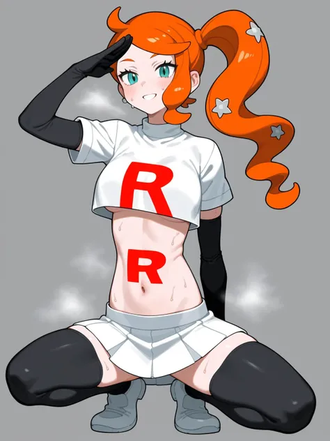 solo,sonia/(pokemon/),smile, ((Cosplay_TeamRocket, team rocket uniform, white jacket, cropped jacket, white skirt, elbow gloves, black thighhighs, zettai ryouiki,navel)),squat,full body, salute,front view,simple background,steaming body,sweat,gray backgrou...