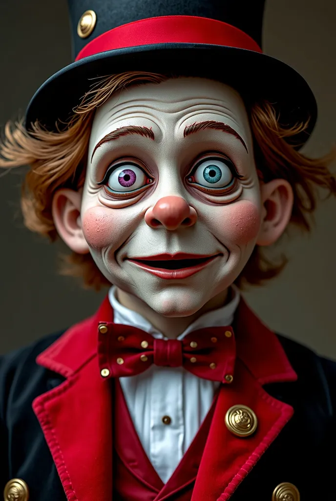 
A human-sized male puppet, with white skin and flushed cheeks, with messy brown hair, one eye is purple and the other is a light blue eye, he wears a red and black velvet suit with gold rivets, in addition to a top hat with the same colors, Has a age appe...