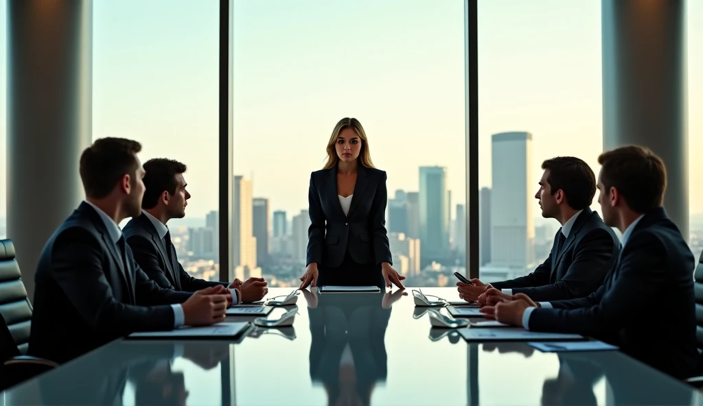 Interior of a corporate conference room with floor-to-ceiling windows and a polished table, where a powerful woman confronts a surprised businessman while other executives watch"