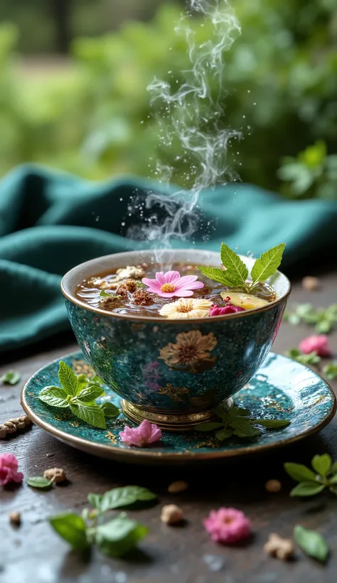 A book cover about exotic teas, with deep and vibrant shades of green (emerald, jade, forest) combined with gold and ivory details.
In the center, a fine porcelain cup, decorated with gold patterns, containing an exotic amber-colored tea with nuances of re...