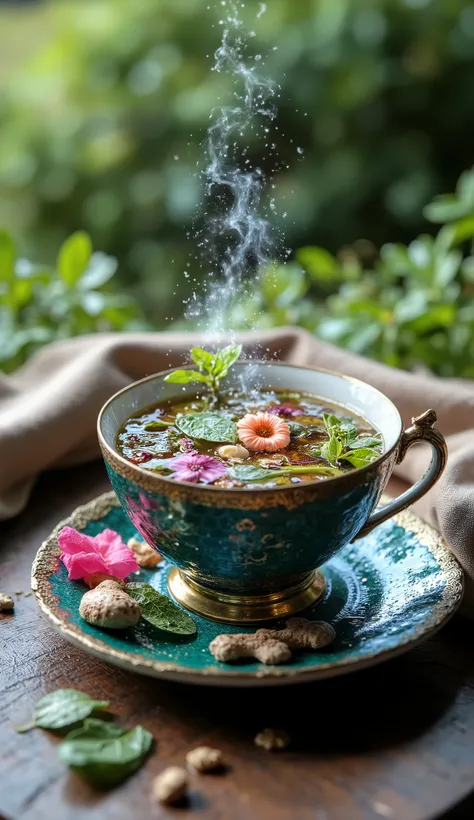 A book cover about exotic teas, with deep and vibrant shades of green (emerald, jade, forest) combined with gold and ivory details.
In the center, a fine porcelain cup, decorated with gold patterns, containing an exotic amber-colored tea with nuances of re...