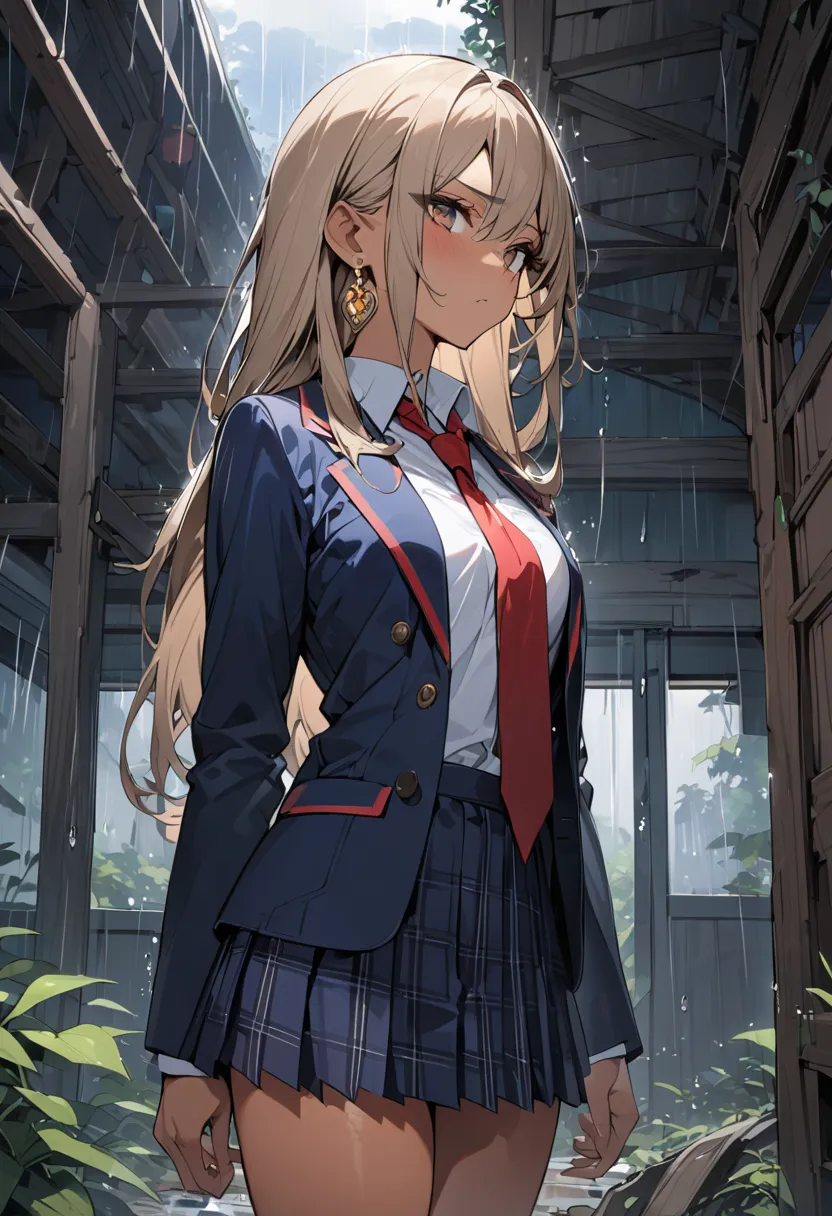 ((greatest masterpiece,Ultra High Quality:1.2)),(super resolution),(solo),cowboy shot,rain,Slender, small-breasted high school girl standing in an abandoned hut,beautiful face, healthy tan skin ,Light brown long hair,Perfect brown eyes, serious expression,...