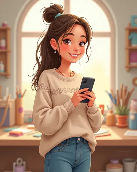 An illustration of a craftswoman, cute style,  pastel shades , She's holding her cell phone