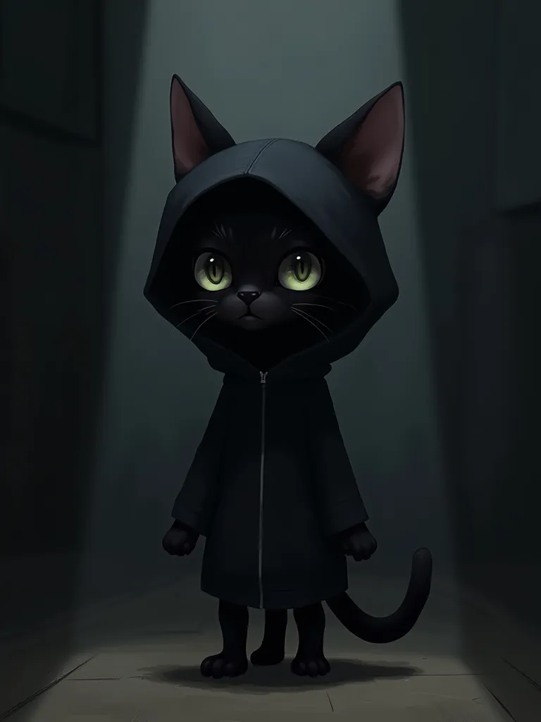 Little cat with black hoodie in dark room anime style