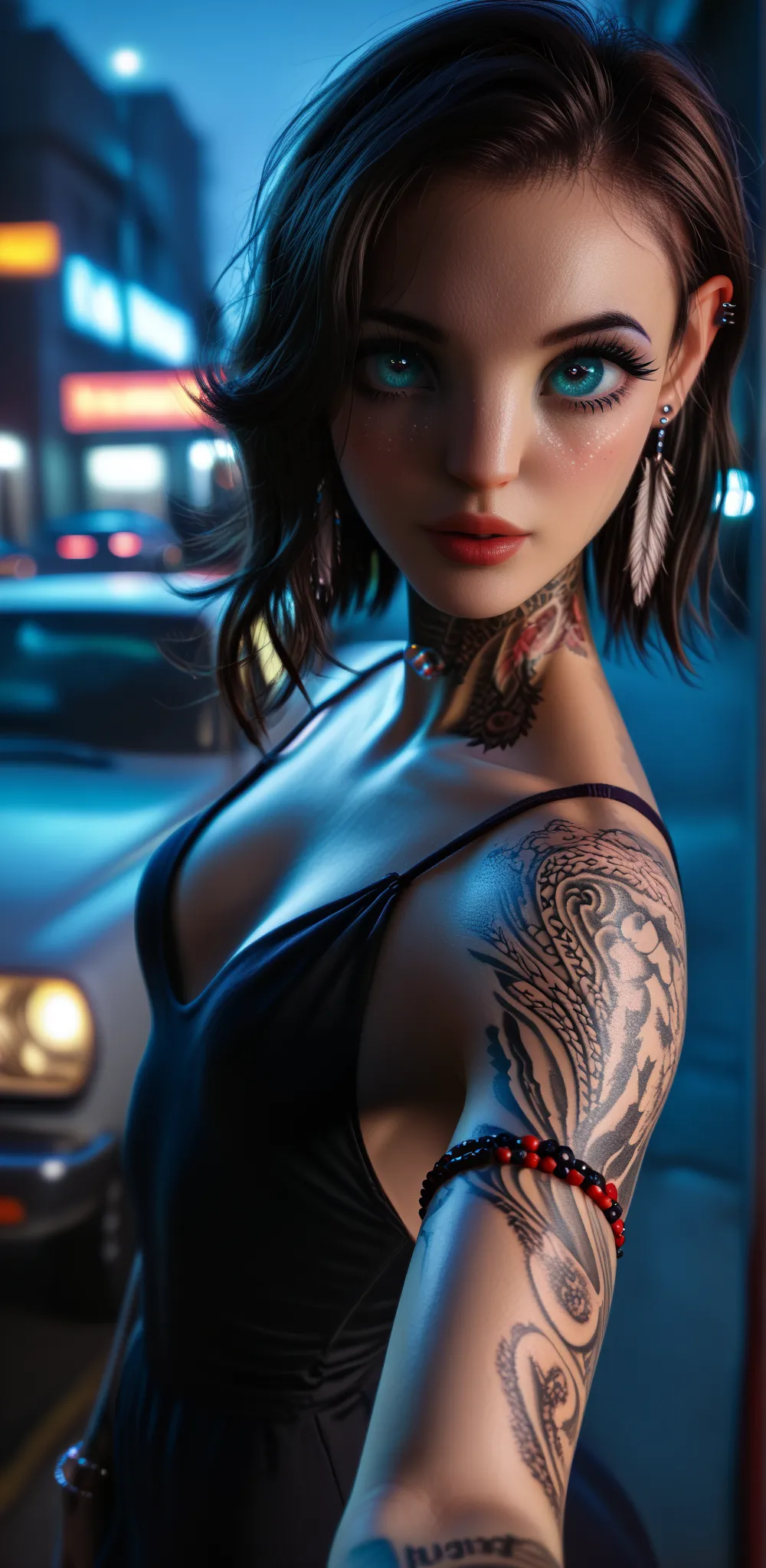 Adorable 21 year old goth girl, small breasts, perky breasts,leaning against an old classic car in an alley way,night scene, Cyberpunk city,neon lights, red-light district,(wearing a Haute_Couture lace-trimmed dress), string thong,,high heels, jewellery, a...