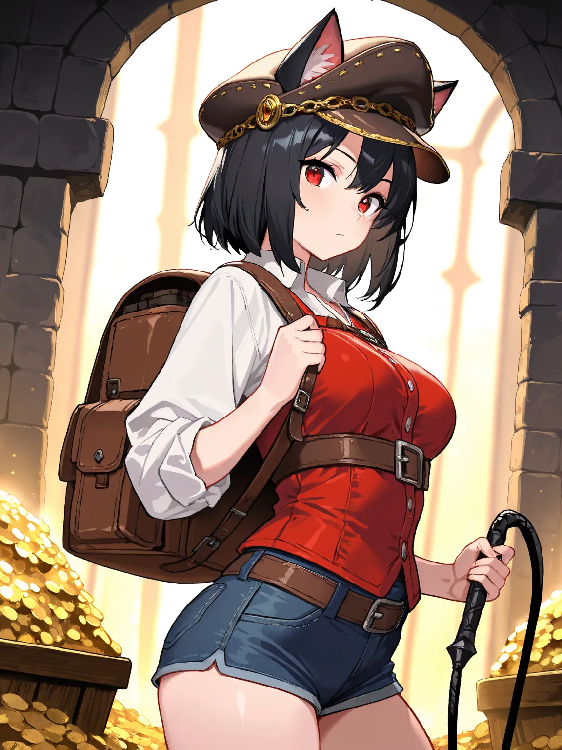 8k,masterpiece, best quality, ultra detailed, high resolution, super fine illustration, extremely detailed CG, intricate, professional quality, cowboy shot,looking at viewer,1girl, solo,gal, red eyes, black hair,cat ears,medium breasts, treasure hunter,hat...