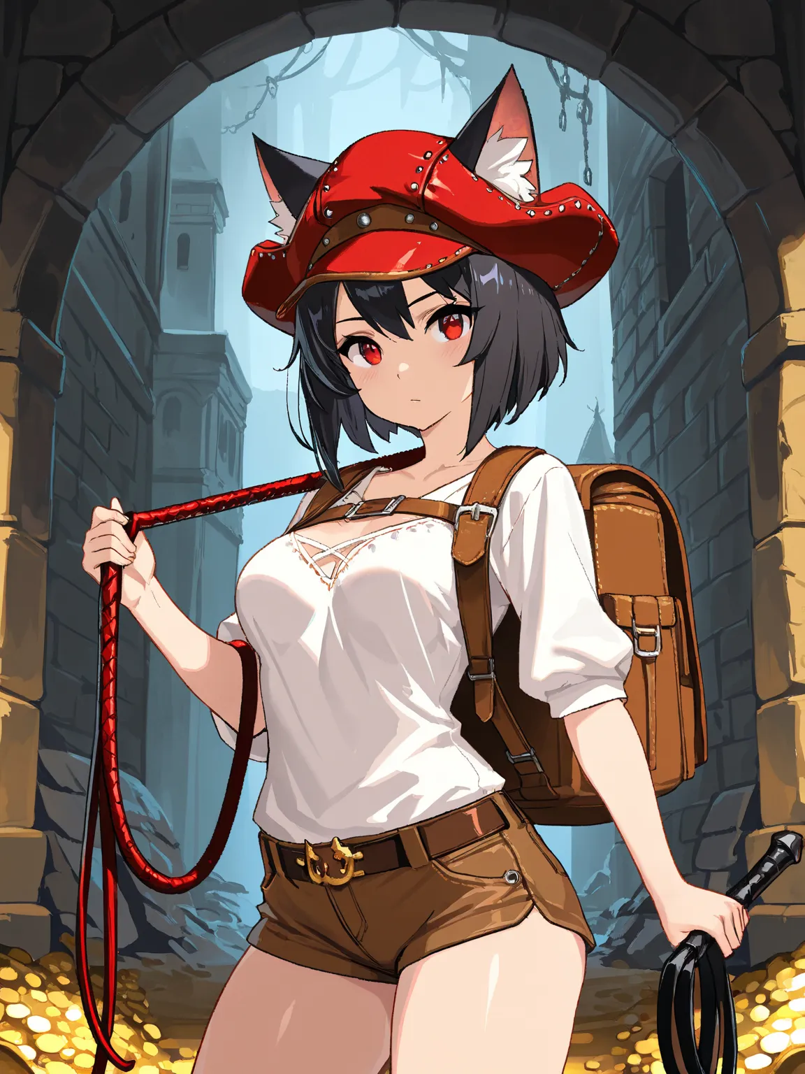 8k,masterpiece, best quality, ultra detailed, high resolution, super fine illustration, extremely detailed CG, intricate, professional quality, cowboy shot,looking at viewer,1girl, solo,gal, red eyes, black hair,cat ears,medium breasts, treasure hunter,hat...