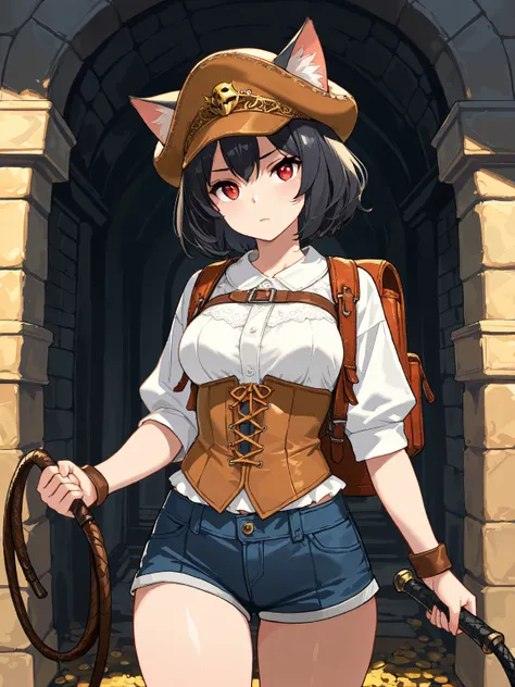 8k,masterpiece, best quality, ultra detailed, high resolution, super fine illustration, extremely detailed CG, intricate, professional quality, cowboy shot,looking at viewer,1girl, solo,gal, red eyes, black hair,cat ears,medium breasts, treasure hunter,hat...