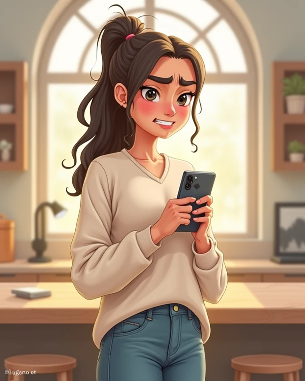 She looks at the cell phone screen that shows Instagram, She is angry 