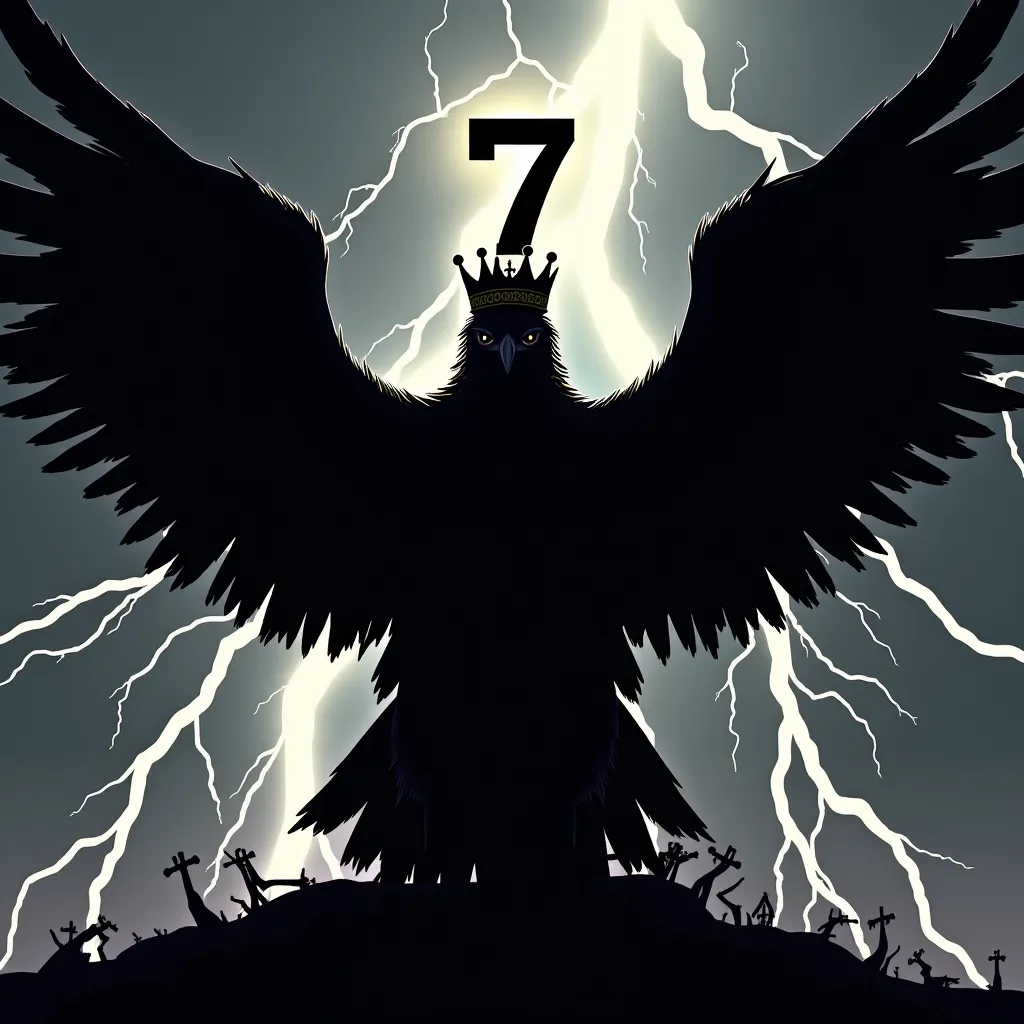 Silhouette of a very sinister eagle with a flying crown and with thunder in its claws and the number 7 in the background