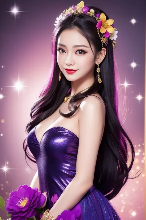 sexy Thai model who controls poison、beautiful smile、lip-gloss、bold lipstick、intense makeup、look at the camera、full body Esbian、、sparkling poisoned flower costume、、、、sparkling Colorful hair、secrete poison、skull hair accessories、sexy tights、shiny sparkling f...