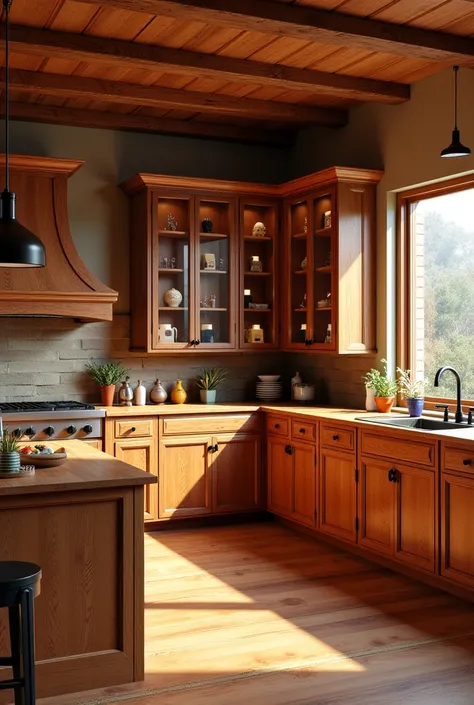 Wooden furniture with L-shaped counter, It has several glass cabinets. joyería.